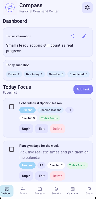 Compass dashboard screen