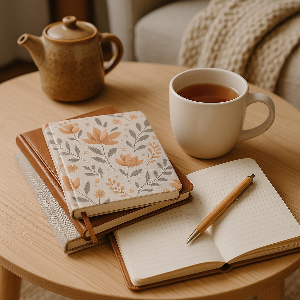 Journals and tea on a cozy table