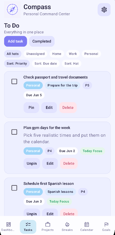 Compass tasks screen